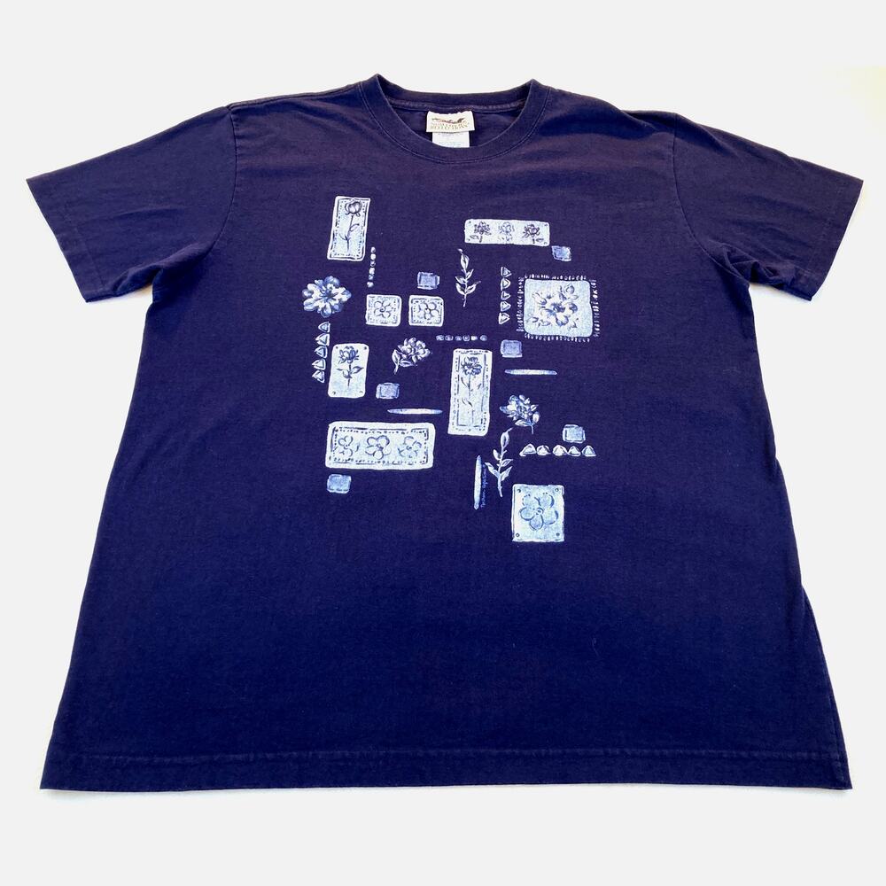 Northern Reflections T-Shirt Vintage Blue White Floral Collage Size Large